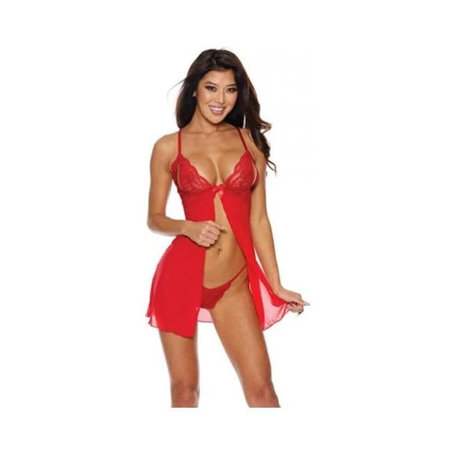 Mesh & Lace Tie Front Babydoll W/g-string Red - Image 1