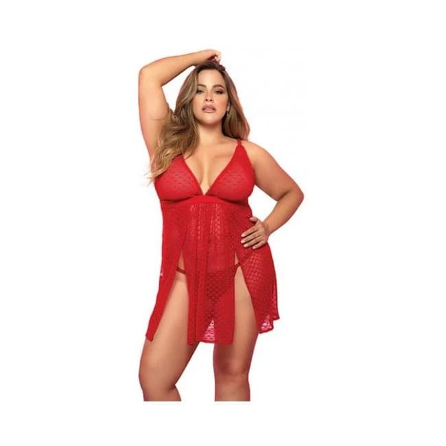 Mesh Printed Babydoll W/g-string Red 1x/2x - Image 1