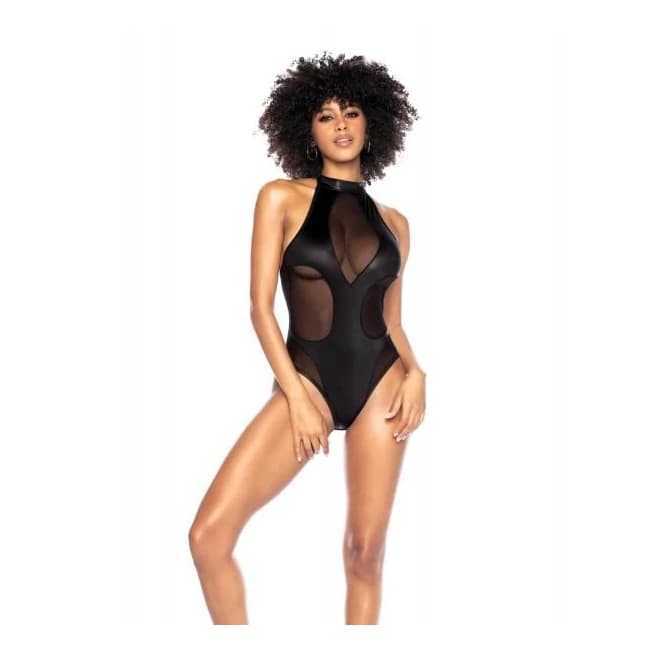 Mesh & Wet Look Halter Bodysuit, image 1