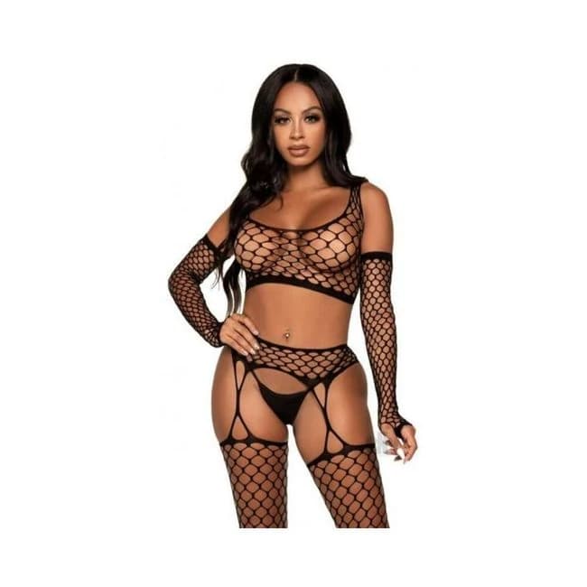 Net Crop Top Stockings Gloves 3pc Os Blk - Image 1
