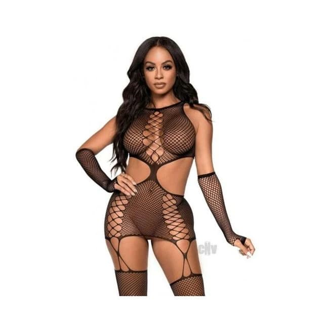 Net Cut Out Garter Dress 2pc Set Os Blk - Image 1