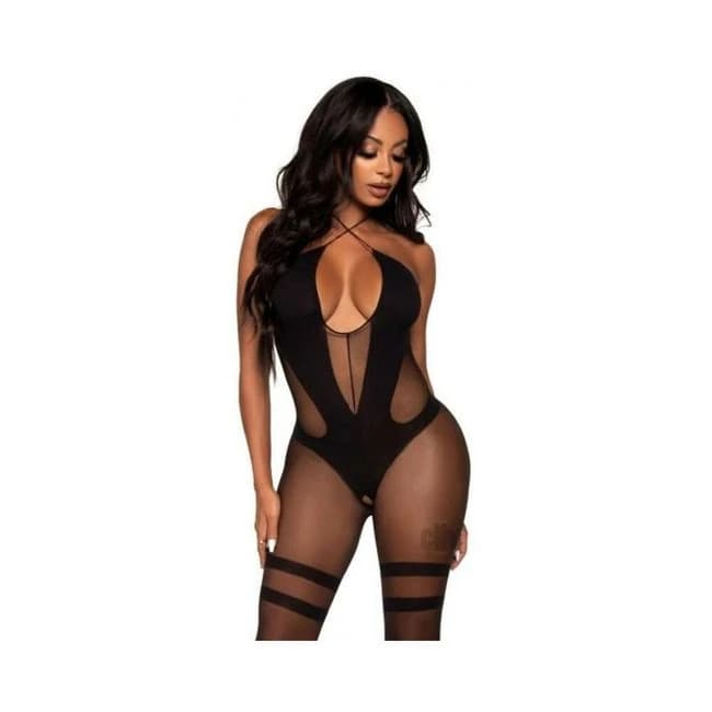 Opaque Sheer Halter Bodystocking Os Blk - Image 1