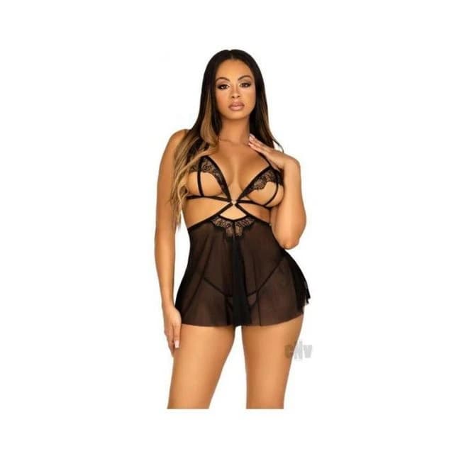 Open Cup Eyelash Babydoll Panty Md Blk - Image 1