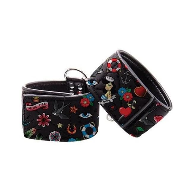 Ouch! Old School Tattoo Printed Hand Cuffs - Image 1