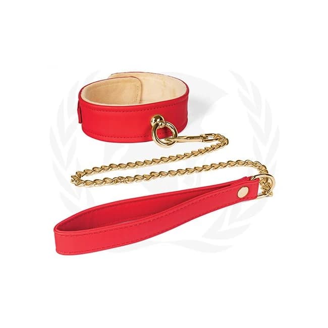 Plush Lined Red Pu Collar & Chain Leash - Image 1