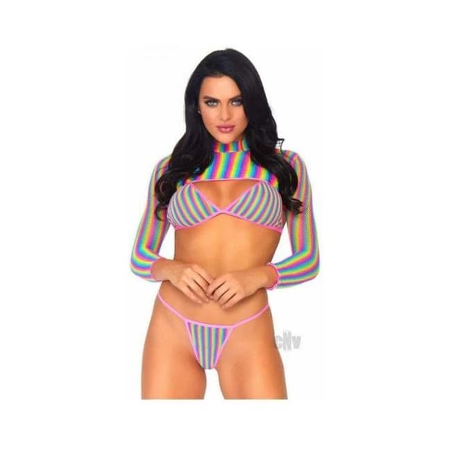 Rainbow Fishnet Bikini 3pc Set Os - Image 1