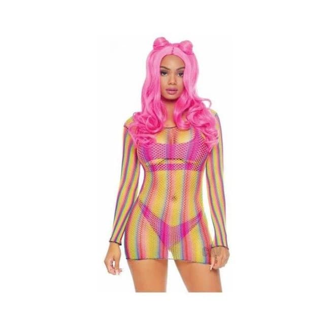 Rainbow Fishnet Sleeve Mini Dress Os - Image 1