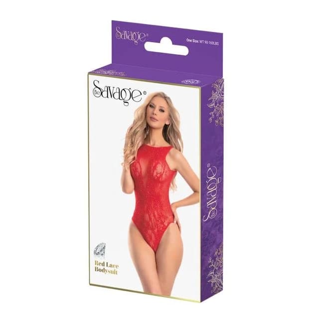 Red Lace Bodysuit Red Rhinestone - Image 1