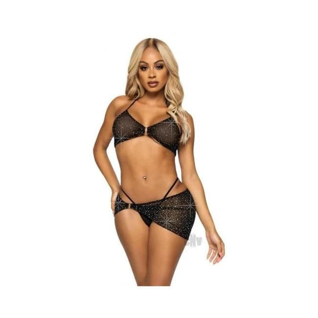 Rhinestone Bra Gstring Sarong 3pc Sm Blk - Image 1