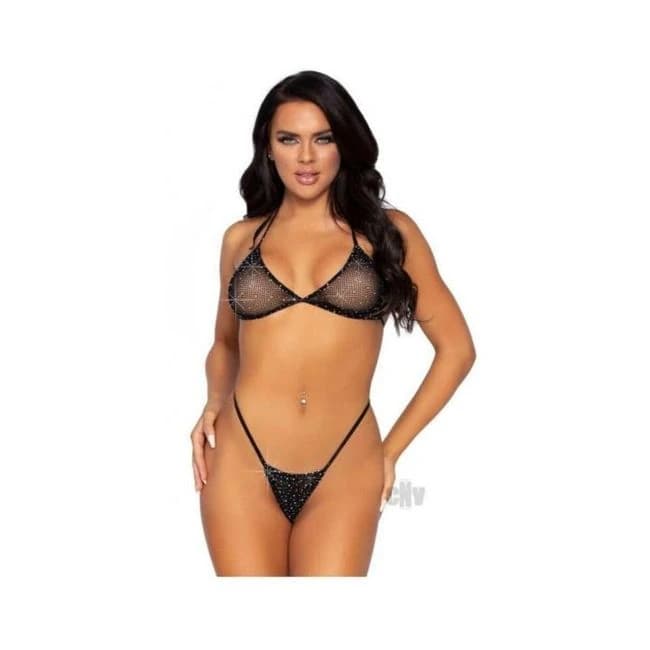 Rhinestone Fishnet Bikini Set 2pc Blk - Image 1