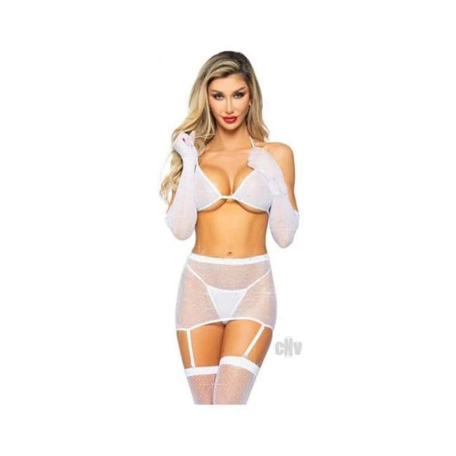 Rhinestone Fishnet Garter Set 5pc White - Image 1