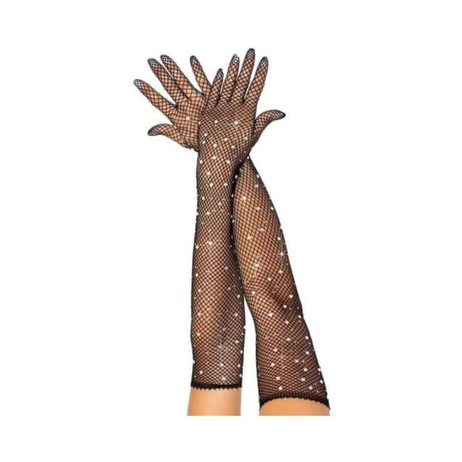 Rhinestone Fishnet Opera Gloves Os Blk - Image 1