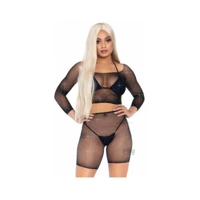 Rhinestone Fishnet Top/shorts Os 2pc Blk - Image 1