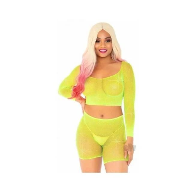 Rhinestone Fishnet Top/shorts Os 2pc Ylw - Image 1