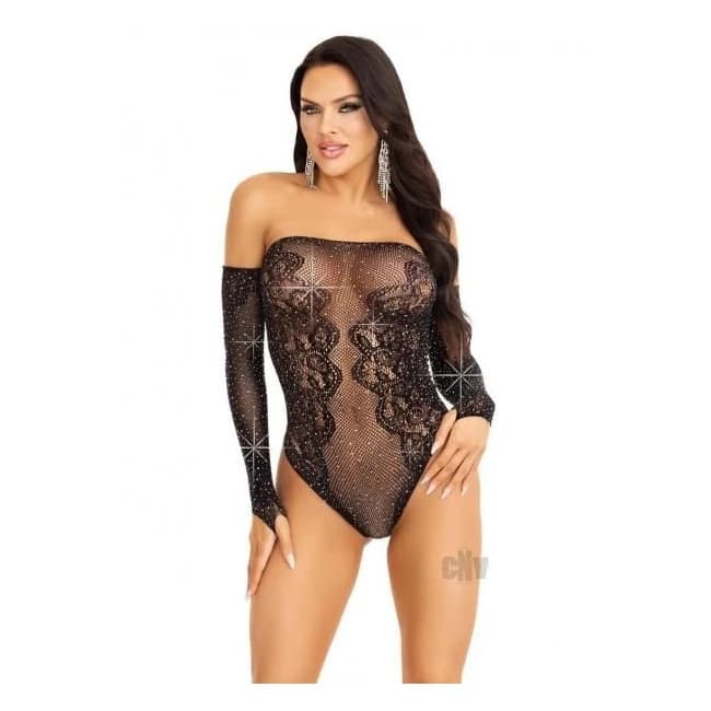 Rhinestone Net Off Shoulder Teddy Os Blk - Image 1