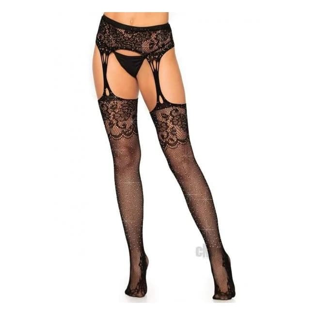 Rhinestone Top Stockings Garter Os Blk - Image 1