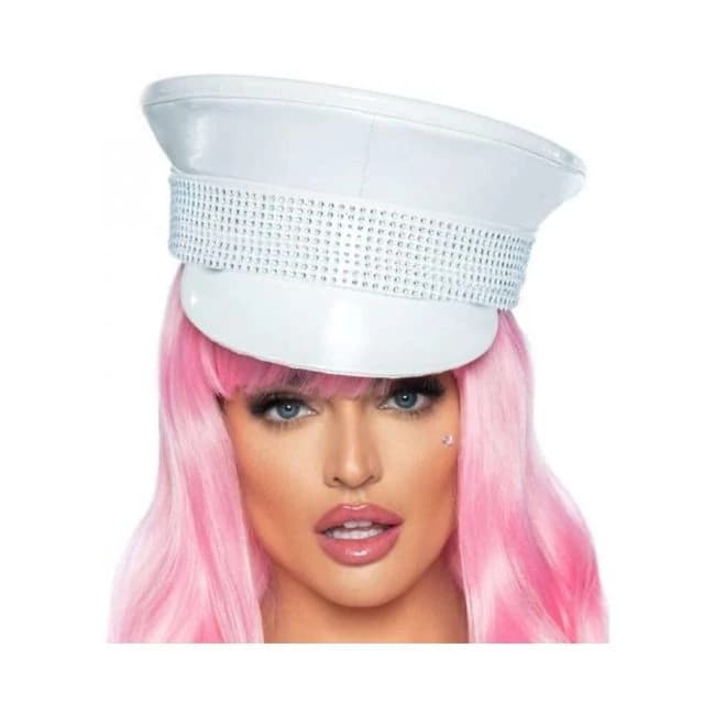 Rhinestone Trimmed Military Hat White O/s - Image 1