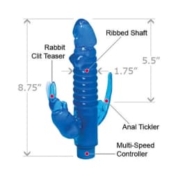 Ribbed Bunny Vibrator with Anal Tickler (Blue), image 3