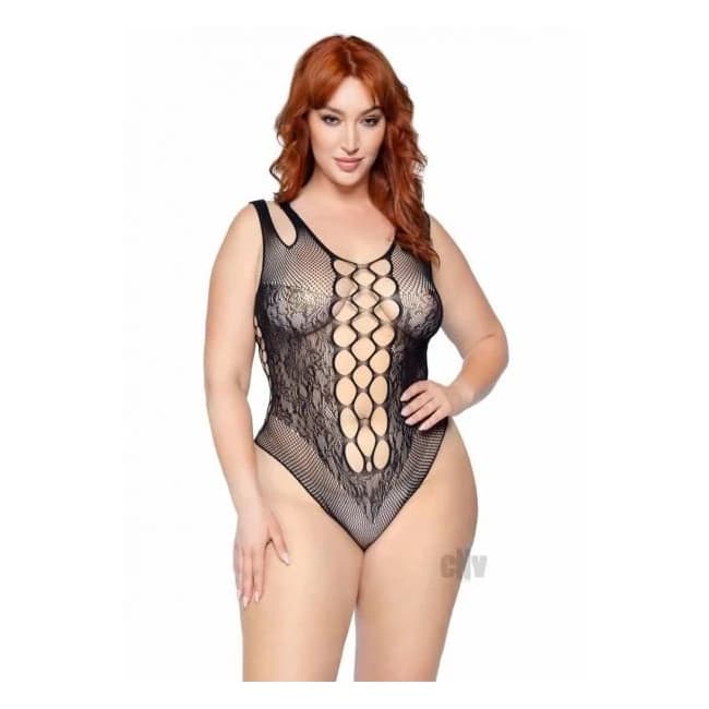 Seamless Bodysuit Cut Bottom 1x/2x Blk - Image 1