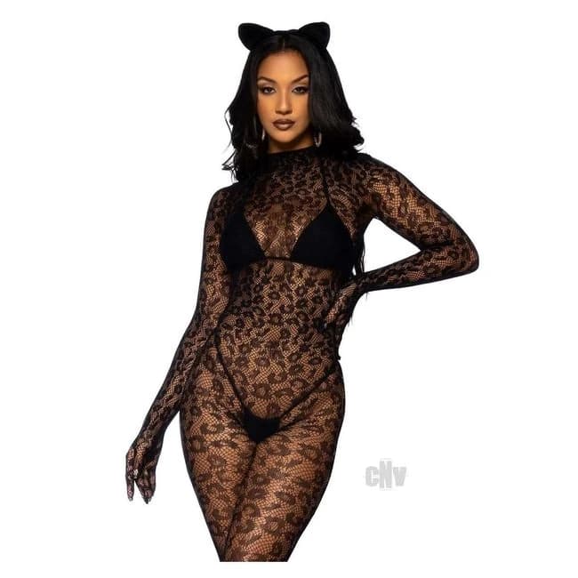 Seamless Leopard Glove Catsuit Os Blk - Image 1