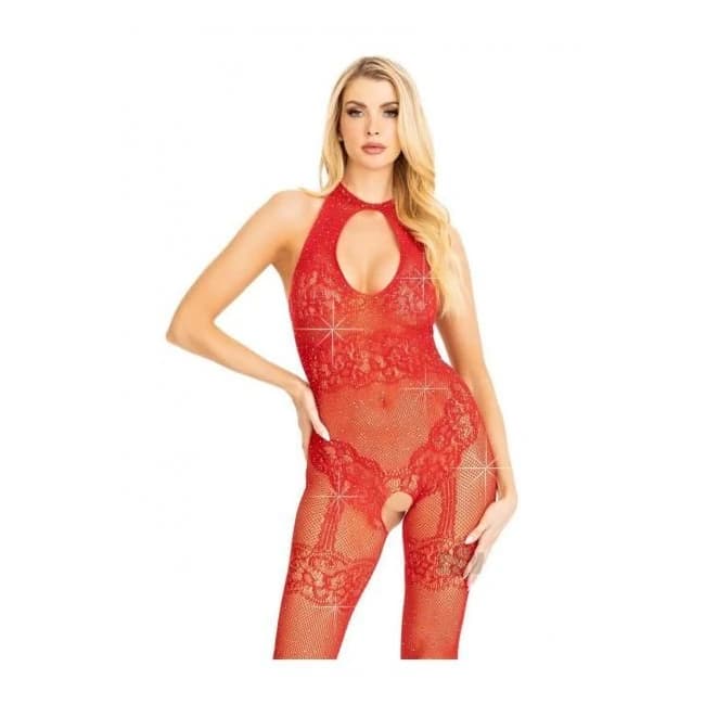 Seamless Rhinestone Bodystocking Os Red - Image 1