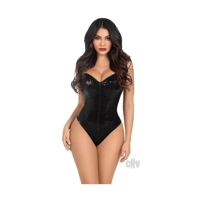 Sequin Bone Snap Bodysuit Strap Md Blk - Image 1