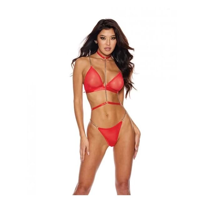 Sheer Mesh Bra W/chain Detail & Panty Red Xxl - Image 1
