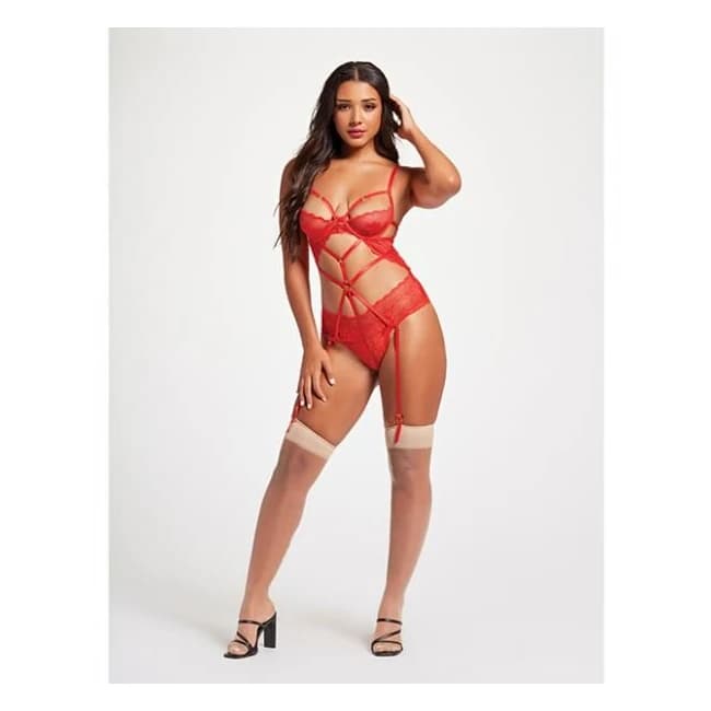 Sheer Mesh & Lace Demi Cup Teddy Red Md - Image 1