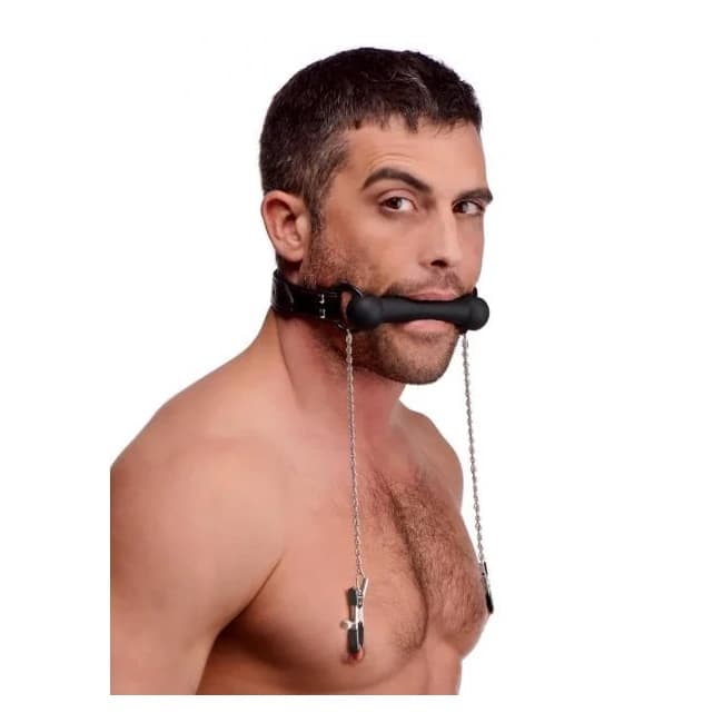 Silicone Bit Gag with Nipple Clamps - Image 1