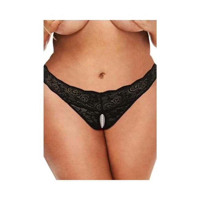 Sk Lace and Pearl Crotchless Thong Blk Q - Image 1