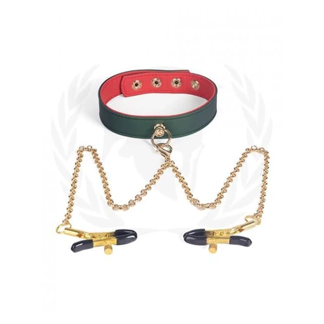 Spartacus Pu Collar W/nipple Clamps - Green - Image 1