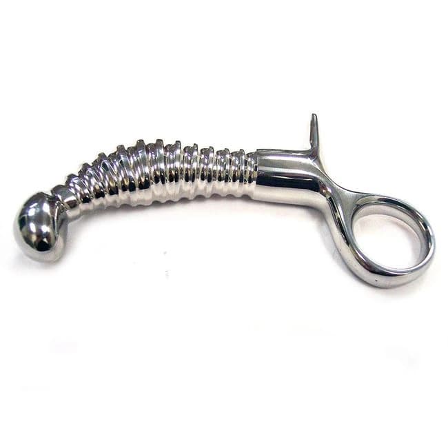 Stainless Steel Ribbed Anal Plug with Handle - Image 1