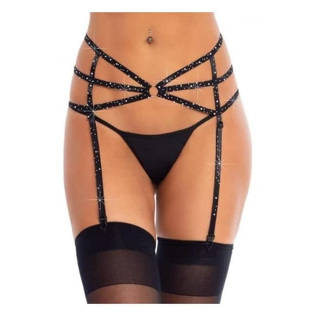 Strappy Rhinestone Garter O Ring Os Blk - Image 1