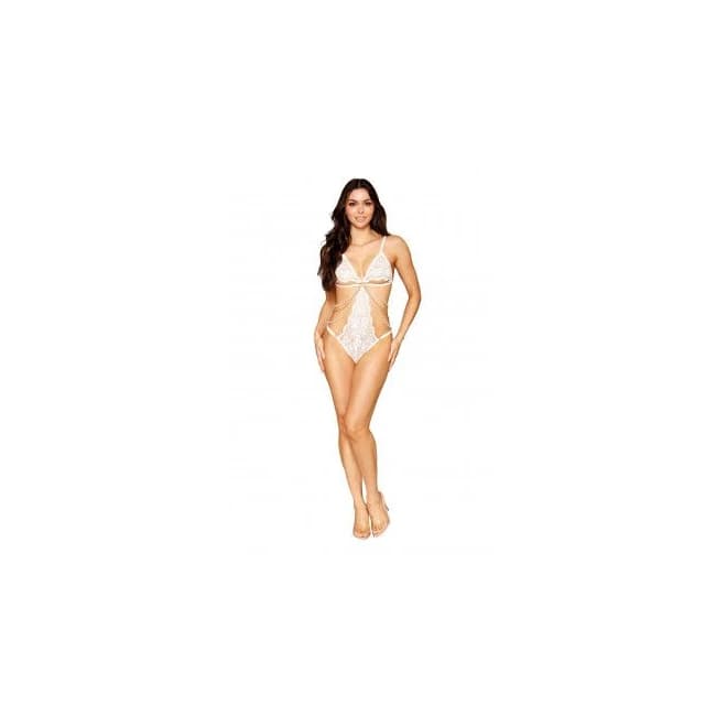 Stretch Lace Teddy W/ Pearls & Chain White O/s - Image 2