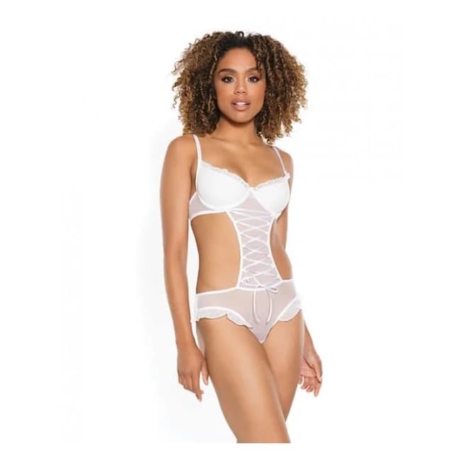 Stretch Mesh Ruffled Crotchless Teddy White - Image 1