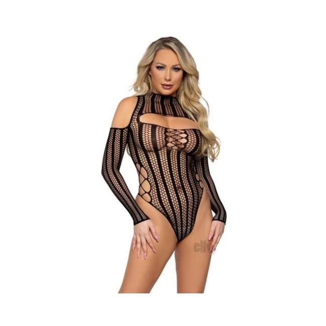 Striped Cold Shoulder Bodysuit Os Blk - Image 1