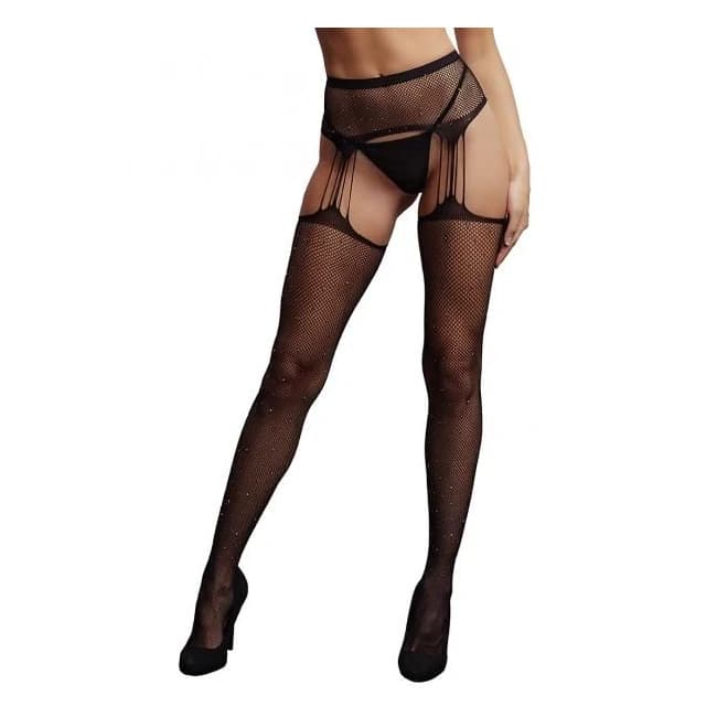 Suspender Rhinestone Pantyhose - Black - Image 1