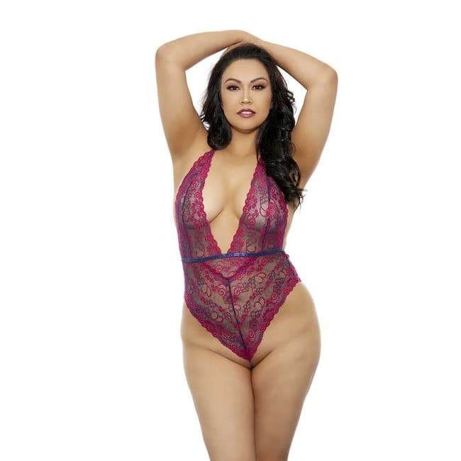 Two Tone Lacy Bodysuit Plus Size Fuchsia - Image 1