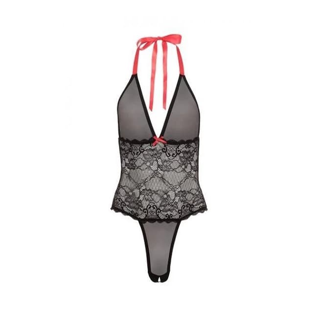 V Plunge Lace & Mesh Teddy Black Os - Image 1