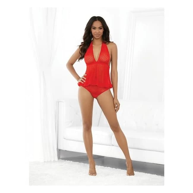 Valentine Halter Tie Heart Cami & Thong Red M/l - Image 1