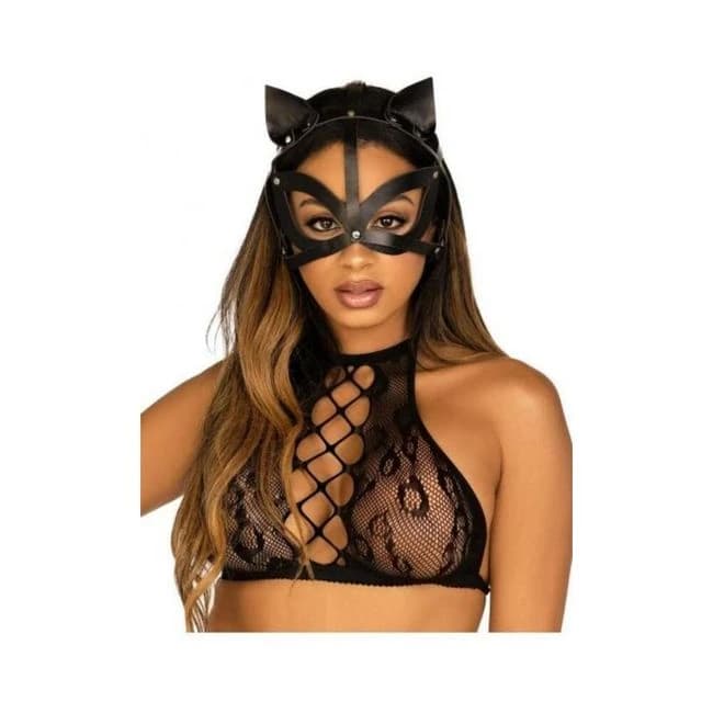 Vegan Leather Studded Cat Mask Os Blk - Image 1