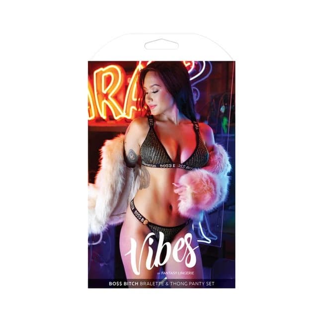 Vibes Boss Bitch Bra/panty Gold Ring Blk S/m - Image 1