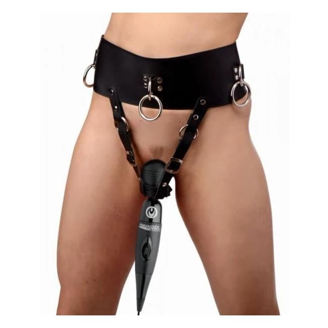 Wand Massager Orgasm Belt O/s Black Leather - Image 1