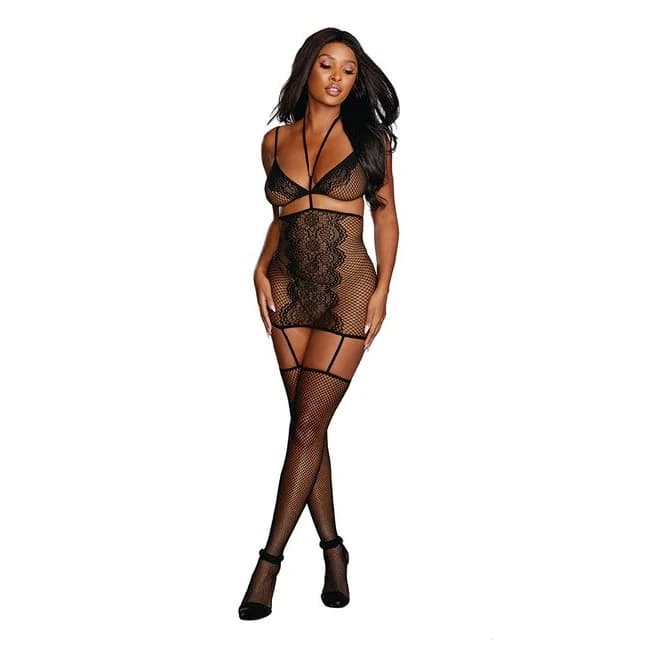 (wd) Fishnet & Lace 2pc Garter Dress Black O/s - Image 1