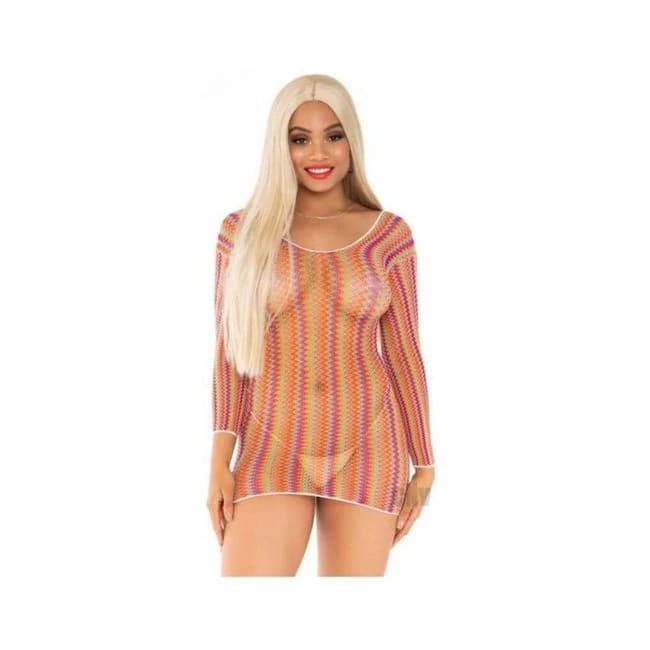 Zig Zag Rainbow Net Sleeve Mini Dress Os - Image 1