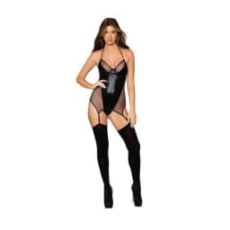 (D)2 LAYER GARTER SLIP W/ FAUX VINYL BLACK O/S  - Image 2