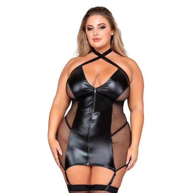 (d)faux Leather & Fishnet Gart Dress Black Q/s - Image 1