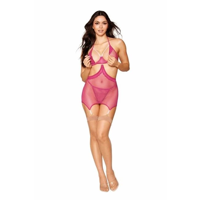 Fishnet & Lace Garter Slip Set Beet O/s - Image 1
