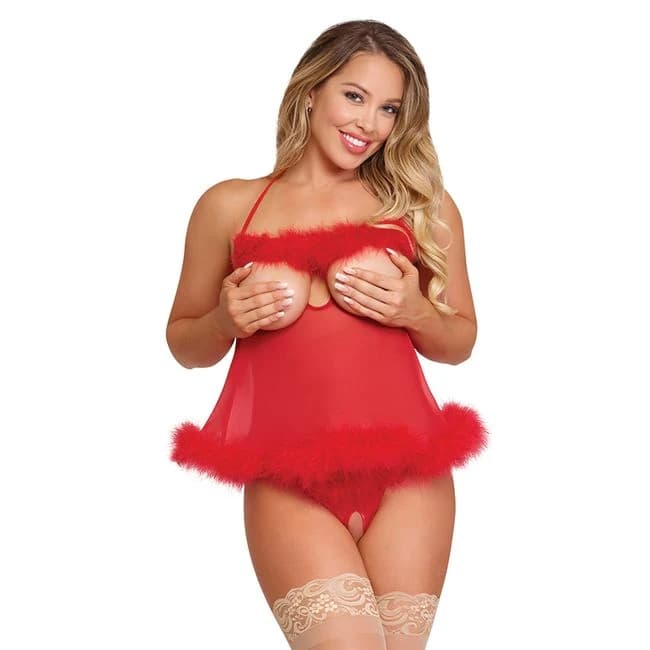 (WD) MARABOU BABYDOLL SET RED  - Image 1