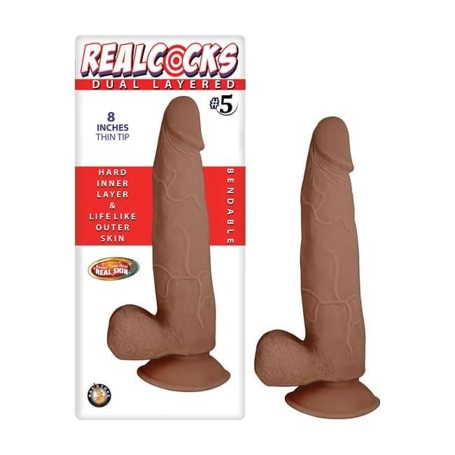 (wd) Real Cocks Dual Layered # Brown Thin Tip 8 " - Image 1